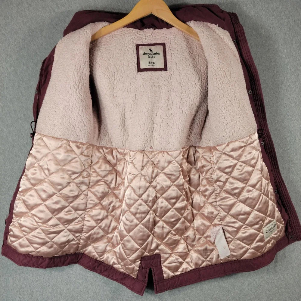 Abercrombie Kids Parka Jacket Kids 15/16 Maroon Faux Fur Hooded Sherpa Lined